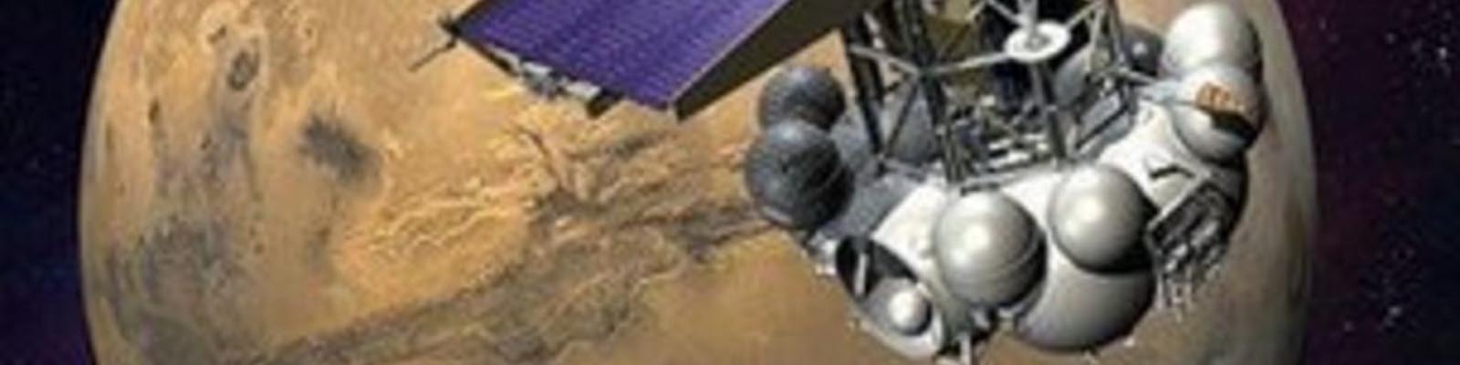 Illustration montrant la sonde Fobos-Grunt en approche de Mars