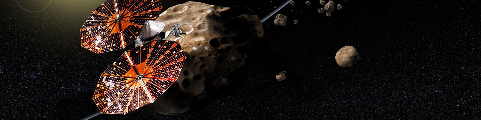Illustration Lucy survolant des astéroïdes troyens de Jupiter