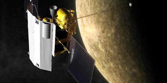 Illustration représentant la sonde MESSENGER orbitant autour de Mercure